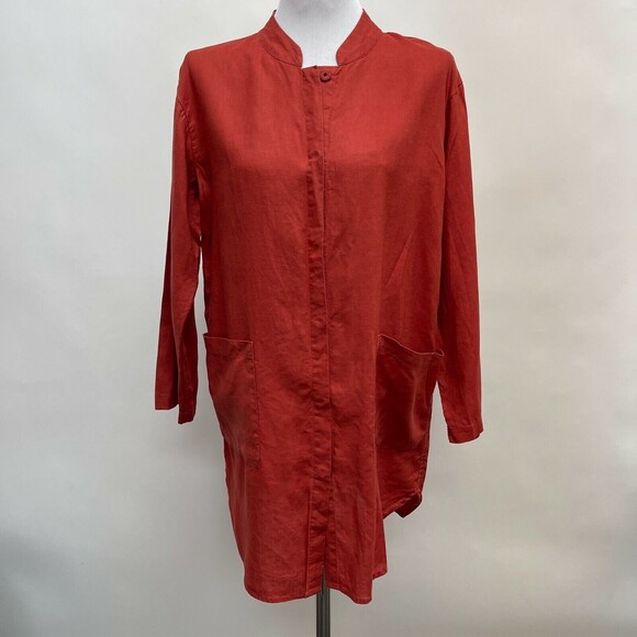 Tahari Women's Top Small Burnt Orange 100% Linen Mandarin Collar - Picture 1 of 9